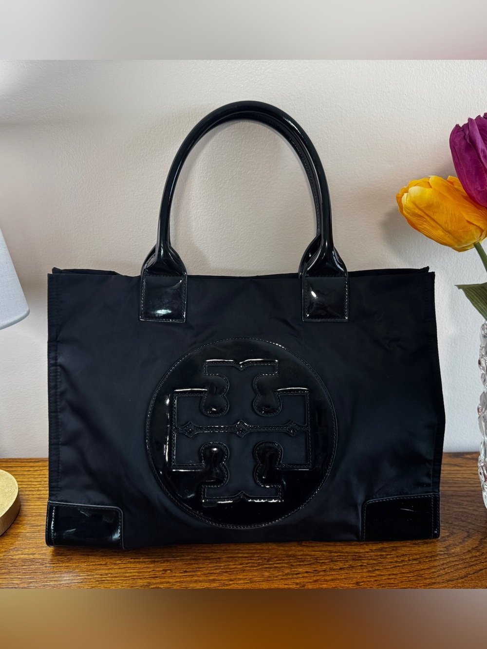 Tory Burch Black Nylon Tote with Glossy Patent Trim
